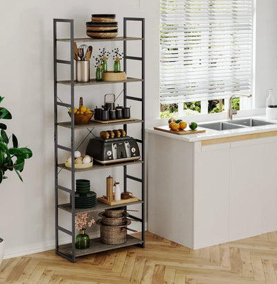 Homfa Industrial Bookcase 6-Tier, Free Standing Plant Flower Stand Rack Books Display Shelf with Metal Frame, Multipurpose Utility Organizer Shelf for Home Office, Gray- NEW IN BOX!!!
