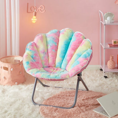 Justice Faux Fur Scallop Saucer™ Chair with Holographic Trim, Rainbow Tie Dye **New in Box**