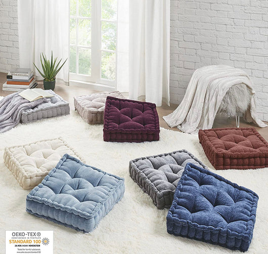 Intelligent Design Azza Floor Pillow Square Pouf Chenille Tufted with Scalloped Edge Design Hypoallergenic Bench/Chair Cushion, 20” x 20” x 5”, Ivory- NEW IN BAG!!!