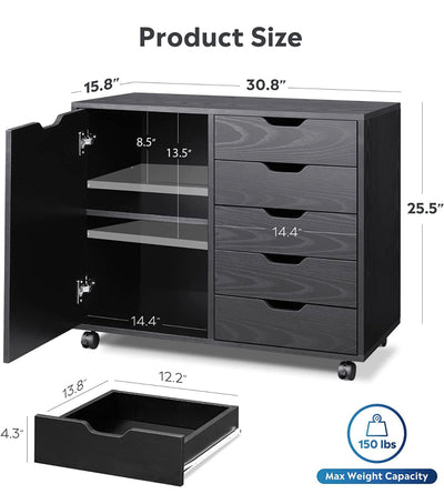 DEVAISE 5-Drawer Wood Dresser Chest with Door, Mobile Storage Cabinet, Printer Stand for Home Office, Black- NEW IN BOX!!!