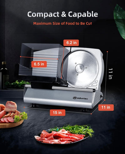 Electric Meat Slicer Machine for Home Use, Adortec Electric Bread Slicer with 2 Pushers, Stepless Adjustment Dial, Quick Release Food Carriage-SILVER!! NEW IN BOX, MISSING SMOOTH BLADE!!