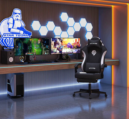 SITMOD Gaming Chair with Footrest-PC Computer Ergonomic Video Game Chair-Backrest and Seat Height Adjustable Swivel Task Chair for Adults with Headrest and Lumbar Support, Black and White- NEW AND ASSEMBLED!!!