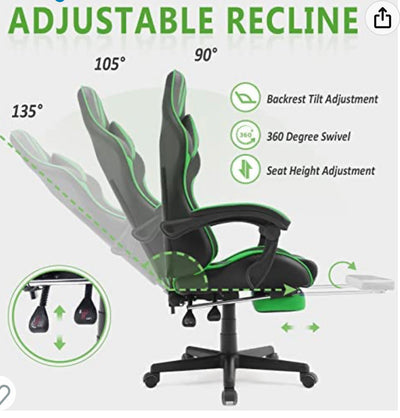Ferghana E-Sports Chair,Gaming Chair,Racing Office Computer Game Chair,Ergonomic Gaming Chair,Racing Style with Adjustable Recliner and Retractable Footrest and Headrest/Lumbar Pillow(Green)-brand new and assembled