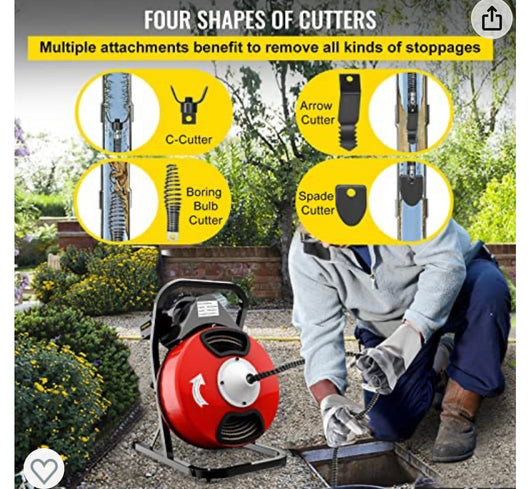VEVOR 50FTx1/2Inch Drain Cleaner Machine Electric Drain Auger with 4 Cutter & Foot Switch Drain Cleaner Machine Sewer Snake Drill Drain Auger Cleaner for 1" to 4" Pipes- slightly used