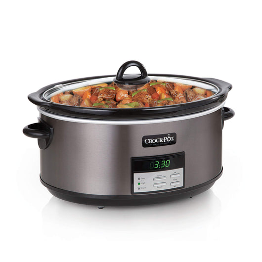 Crockpot 8 Quart Slow Cooker with Auto Warm Setting and Cookbook, Black Stainless Steel**New in box**