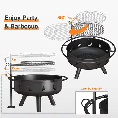 Yoleny 2in1 Fire Pit with Cooking Grate,32" Outdoor Fire Pits Wood Burning Firepit Steel BBQ Grill Fire Bowl for Outside Backyard Garden Bonfire Patio**New in Box**