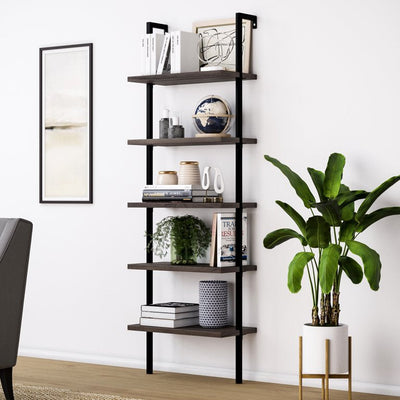 Nathan James Theo 5 - Shelf Ladder Bookcase Rustic Dark Walnut Brown Wood Black Metal Frame**New in Box**