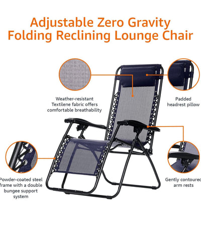 Amazon Basics Outdoor Textilene Adjustable Zero Gravity Folding Reclining Lounge Chair with Pillow, Navy Blue**New**