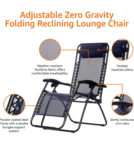 Amazon Basics Outdoor Textilene Adjustable Zero Gravity Folding Reclining Lounge Chair with Pillow, Navy Blue**New**