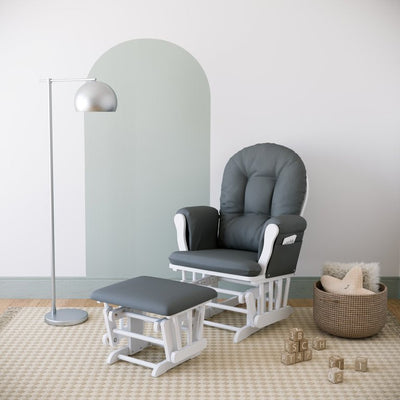 Storkcraft Hoop Glider and Ottoman, White Finish with Gray Cushions**New in Box**