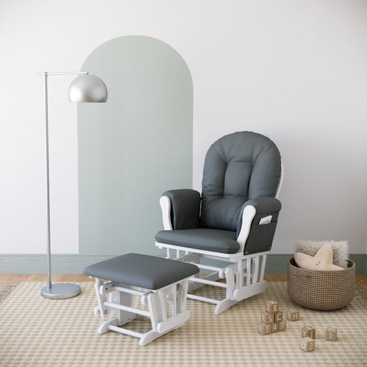 Storkcraft Hoop Glider and Ottoman, White Finish with Gray Cushions**New in Box**