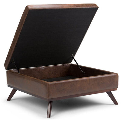 Simpli Home Owen Faux Air Leather Square Coffee Table Ottoman in Chestnut Brown**New and assembled,minor alignment issue shown in photo**