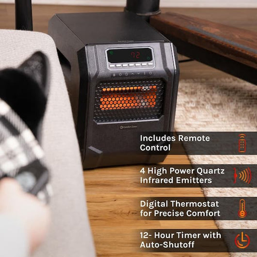 Comfort Zone 1,500-Watt Electric Digital Quartz Infrared Cabinet Space Heater with Remote Control in Black- NEW IN BOX