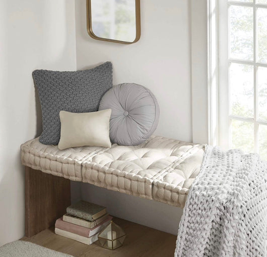 Intelligent Design Azza Floor Pillow Square Pouf Chenille Tufted with Scalloped Edge Design Hypoallergenic Bench/Chair Cushion, 20” x 20” x 5”, Ivory- NEW IN BAG!!!
