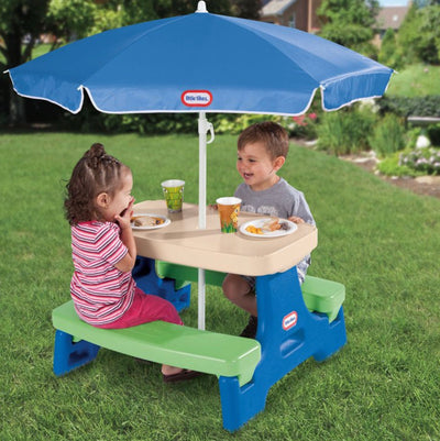 Little Tikes Easy Store Jr. Picnic Table with Umbrella, Blue & Green - Play Table with Umbrella, for Kids- NEW IN BOX!!!