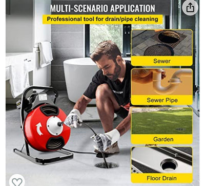 VEVOR 50FTx1/2Inch Drain Cleaner Machine Electric Drain Auger with 4 Cutter & Foot Switch Drain Cleaner Machine Sewer Snake Drill Drain Auger Cleaner for 1" to 4" Pipes- slightly used