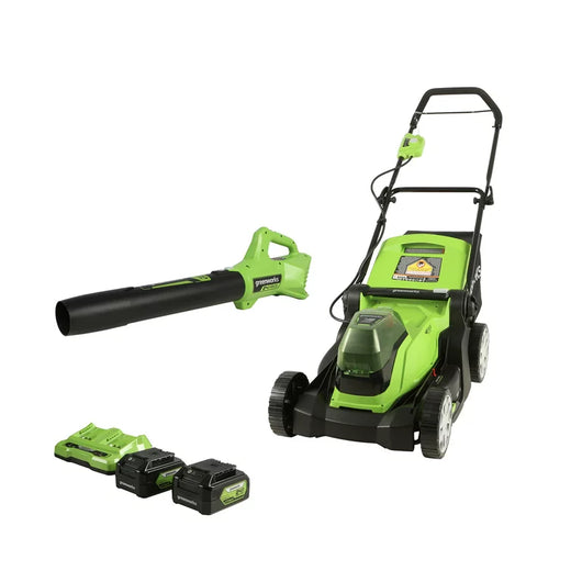 Greenworks 48V (2x24V) 17-inch Lawn Mower/Axial Blower Kit, (2) 4Ah USB Batteries and Dual Port Charger, 1310602AZ**New in box**