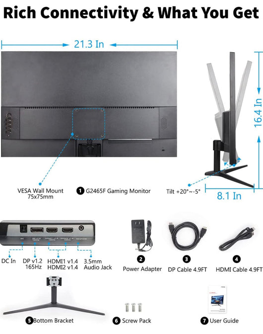 FYHXele G2465F Gaming Monitor 24 Inch 165Hz, Support 144Hz 1ms IPS 1920x1080P, 2xHDMI 1xDP, Built-in Speakers, Adaptive Sync, VESA 75mmx75mm, Black!  -Brand new in the box