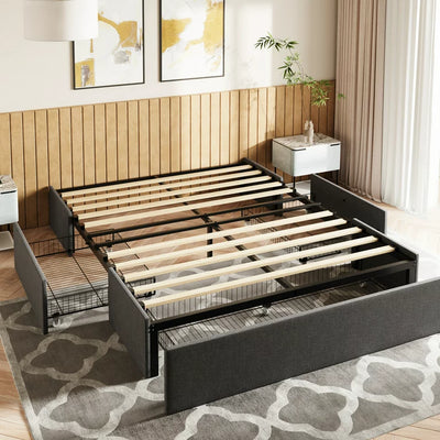 Amolife Upholstered Queen Platform Bed Frame with 3 Storage Drawers and Wooden Slats, No Box Spring Needed, Dark Grey**New in box**