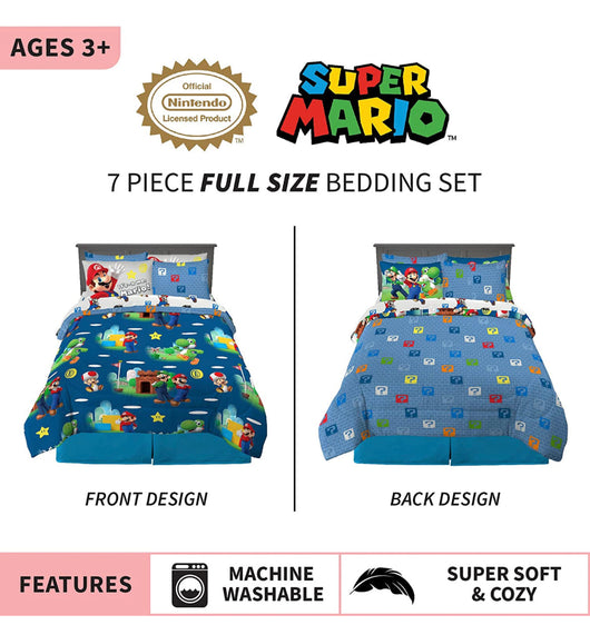 Franco Kids Bedding Super Soft Comforter and Sheet Set with Sham, 7 Piece Full Size, Mario- NEW IN BAG!!!