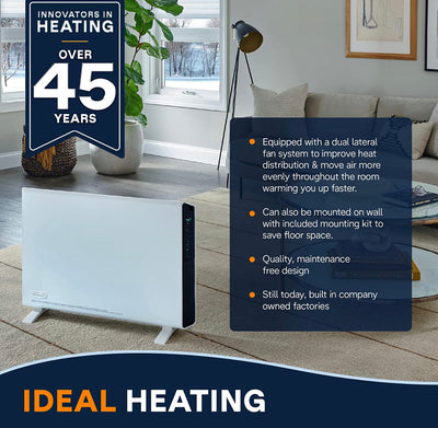 De'Longhi Convection Panel Heater, Full Room Quiet 1500W, Freestanding/Easy Install Wall Mount, LED Digital Display, Adjustable Thermostat, Timer, EcoEnergy Saving Mode, White- new in box