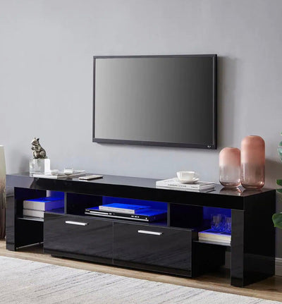 J&E Home 63 in. Black Modern TV Stand with LED Lights and 2-Storage Drawers Fits TV's up to 65 in!  -Brand new in the box