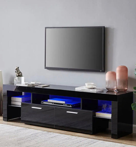 J&E Home 63 in. Black Modern TV Stand with LED Lights and 2-Storage Drawers Fits TV's up to 65 in!  -Brand new in the box