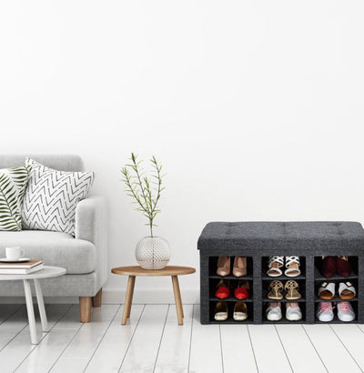 Seville Classics 9-Bin Foldable Tufted Shoe Storage Bench, Charcoal Gray- NEW IN BOX!!!!
