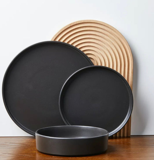 Stone Lain Cecile Stoneware 12-Piece Round Dinnerware Set, RB, Black- NEW IN BOX!