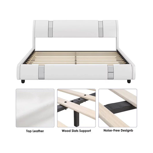 Homfa Full Size Bed Frame, Modern Leather Upholstered Platform Bed Frame with Adjustable Headboard, White**New in box**