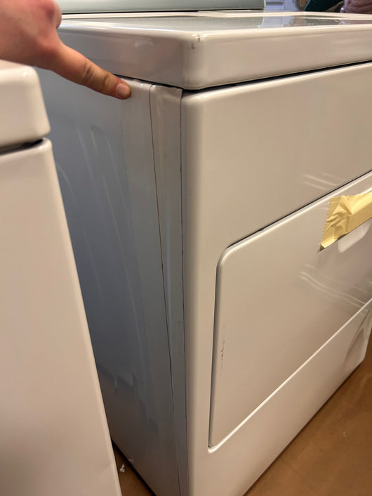 Kenmore Front Load Electric Dryer with Wrinkle Guard and 7.0 Cubic Ft. Total Capacity, White!  -Brand new never used but is dented from shipping, photos shown. (Front left edge is tape over to keep closed)