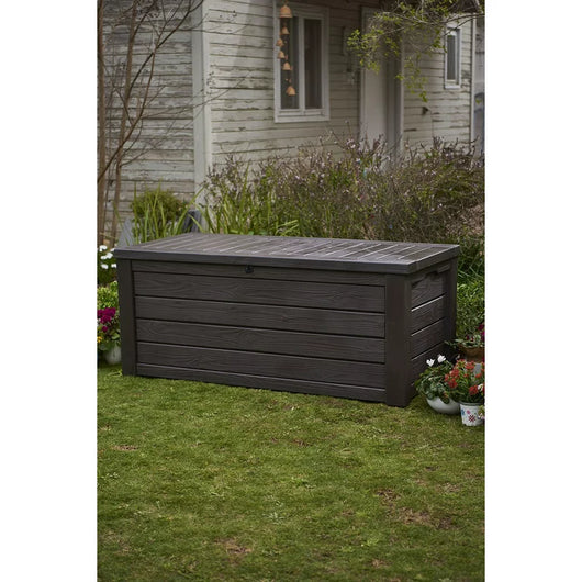 Keter Westwood Outdoor Storage 150 Gallon Resin Deck Box and Bench, Brown**New in box**