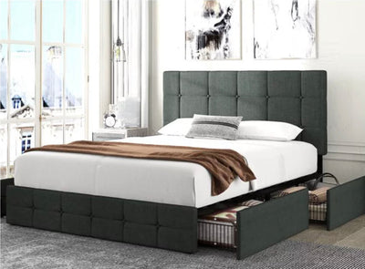 Amolife Full Size Platform Bed Frame with Headboard and 4 Storage Drawers, Button Tufted Style, Dark Grey, Mattress Not Included- NEW IN BOX!!!!