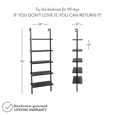Nathan James Theo 5 - Shelf Ladder Bookcase Rustic Dark Walnut Brown Wood Black Metal Frame**New in Box**