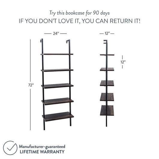 Nathan James Theo 5 - Shelf Ladder Bookcase Rustic Dark Walnut Brown Wood Black Metal Frame**New in Box**