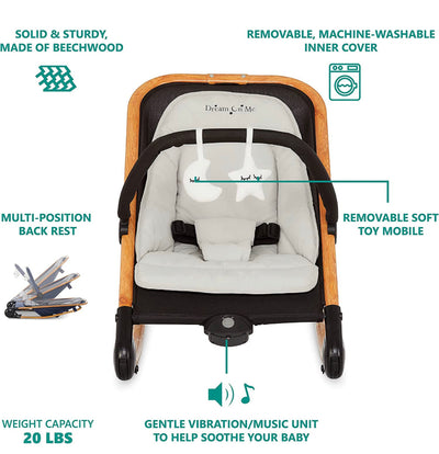 Dream on Me Rock with me 2-in-1 Rocker and Stationary Seat | Compact Portable Infant Rocker with Removable Toys Bar & Hanging Toys in Black & Grey- NEW IN BOX!!!!