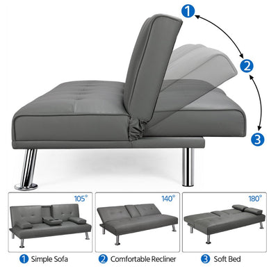 YaheeTech Modern Faux Leather Futon Sofa Bed Home Recliner Couch, Gray!! NEW IN BOX!!