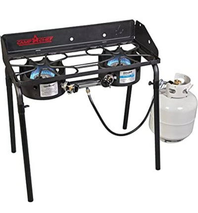 Camp Chef Explorer, Two Burner Stove, Two 30,000 BTU's cast-aluminum burners, Cooking Dimensions: 14 in. x 32 in**New,minor scratch from shipping**