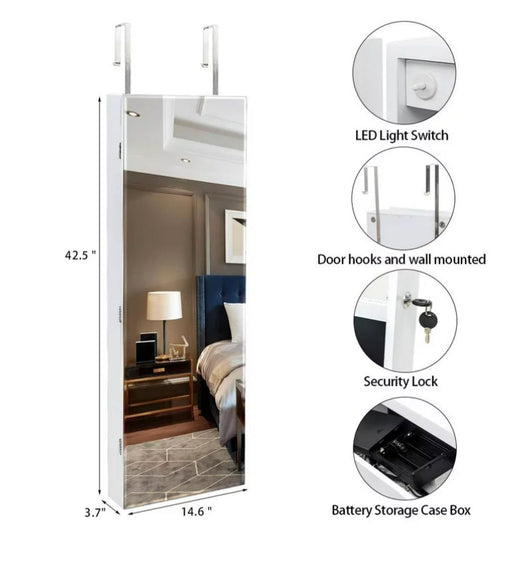 UBesGoo Jewelry Cabinet Box Full Mirror Wooden Wall Mounted 4-Layer Shelf 2 Drawers With Inner Mirror, White- NEW IN BOX!!!