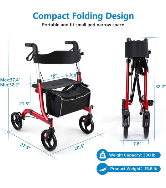 RINKMO Rollator Walkers for Seniors, Aluminum Frame, Red- NEW AND ASSEMBLED!!! (Storage bag not included)