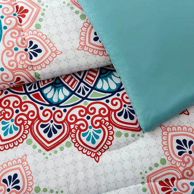 Mainstays Pink and Teal Medallion 8 Piece Bed in a Bag Comforter Set with Sheets, King**New**