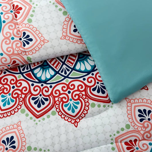 Mainstays Pink and Teal Medallion 8 Piece Bed in a Bag Comforter Set with Sheets, King**New**