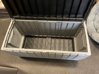 Keter Novel Outdoor 90 Gallon Plastic Deck Box, Black!! NEW AND ASSEMBLED, SIDE CRACKED(PHOTOS SHOWN)!!