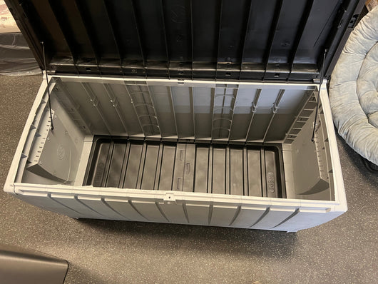 Keter Novel Outdoor 90 Gallon Plastic Deck Box, Black!! NEW AND ASSEMBLED, SIDE CRACKED(PHOTOS SHOWN)!!