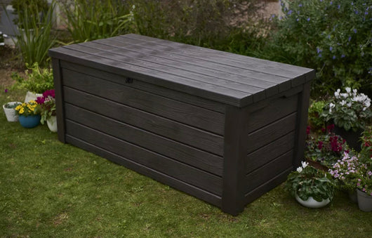 Keter Eastwood 150 Gallon Deck Box, Resin Wood Look Brown- NEW AND ASSEMBLED!!!