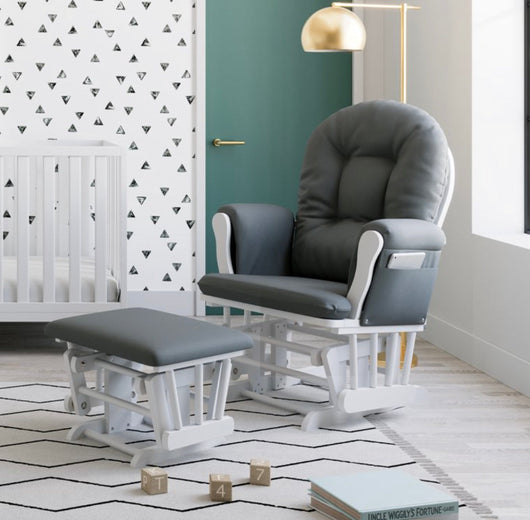 Storkcraft Hoop Glider and Ottoman, White Finish with Gray Cushions- NEW IN BOX!!!