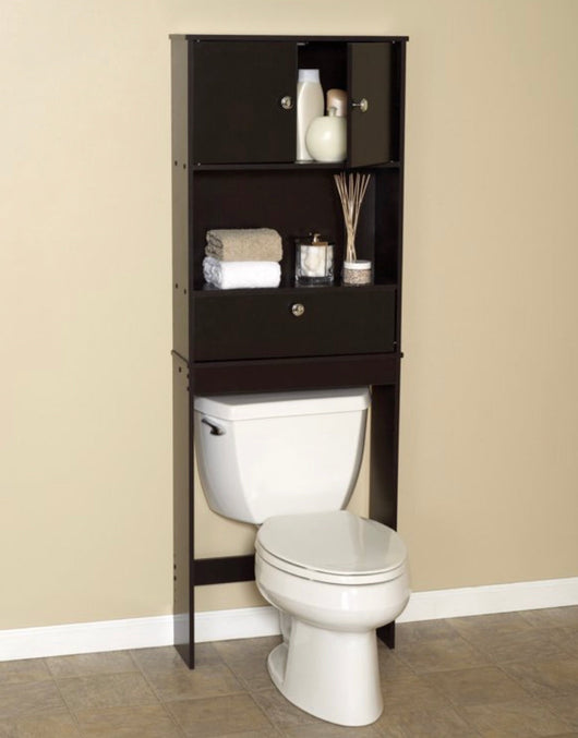 Espresso Bathroom Spacesaver with 2-Door Cabinet, Zenna Home Drop Door over-the-Toilet- NEW IN BOX!!!