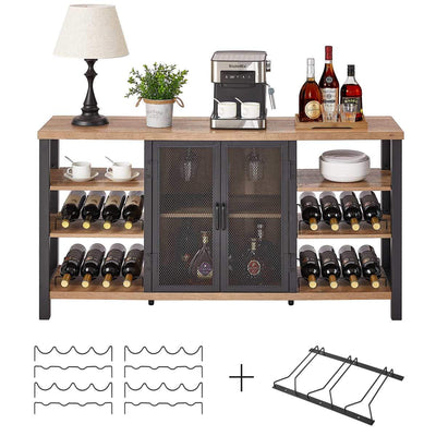 FATORRI Industrial Wine Bar Cabinet for Liquor and Glasses, Farmhouse Wood Coffee Bar Cabinet with Wine Rack, Metal Sideboard and Buffet Cabinet (55 Inch, Rustic Oak)**New in box**