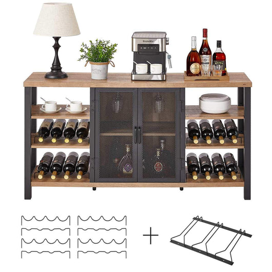 FATORRI Industrial Wine Bar Cabinet for Liquor and Glasses, Farmhouse Wood Coffee Bar Cabinet with Wine Rack, Metal Sideboard and Buffet Cabinet (55 Inch, Rustic Oak)**New in box**