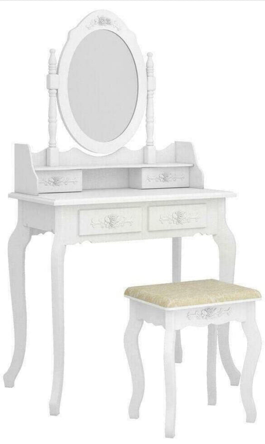 White Vanity Jewelry Makeup Dressing Table Set W/Stool 4 Drawer Mirror Wood Desk- NEW IN BOX!!!!